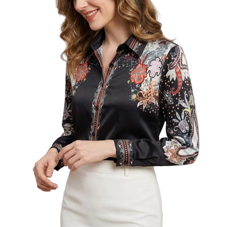 Trendy & Elegant Printed Silk Long Sleeved Women's Shirts - B6-TOP-B677
