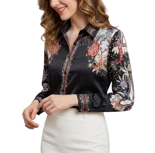 Trendy & Elegant Printed Silk Long Sleeved Women's Shirts - B6-TOP-B677