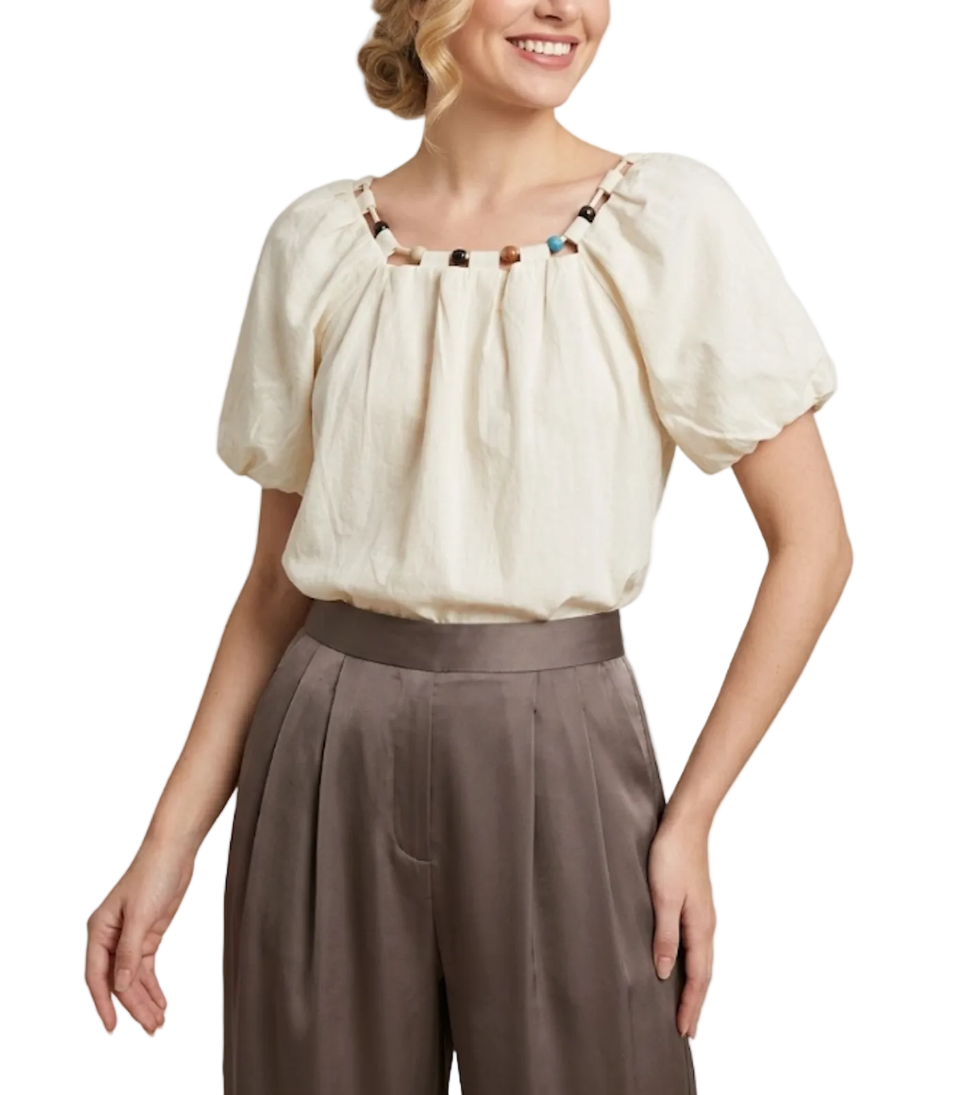 Trendy & Elegant Short Puff Sleeve Beaded Neck Design Blouses  -B6-TOP-B746