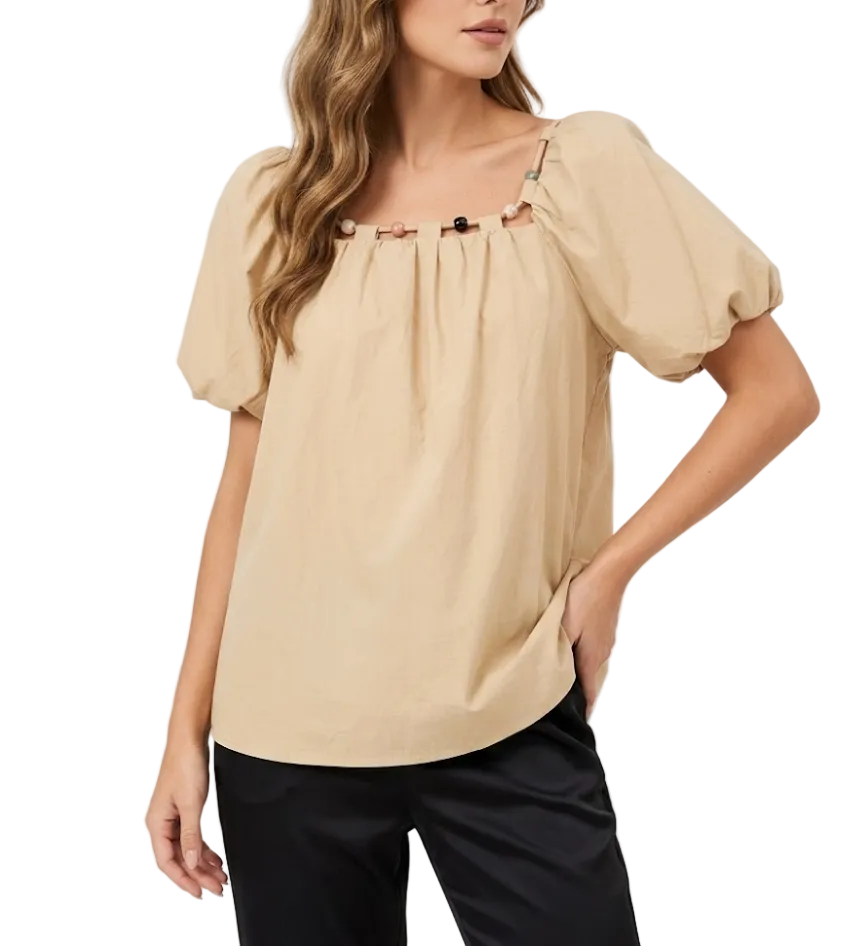 Trendy & Elegant Short Puff Sleeve Beaded Neck Design Blouses  -B6-TOP-B746