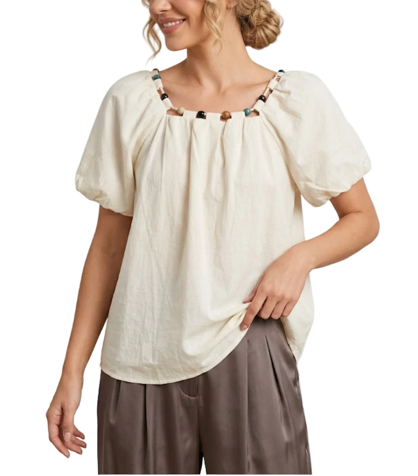 Trendy & Elegant Short Puff Sleeve Beaded Neck Design Blouses  -B6-TOP-B746