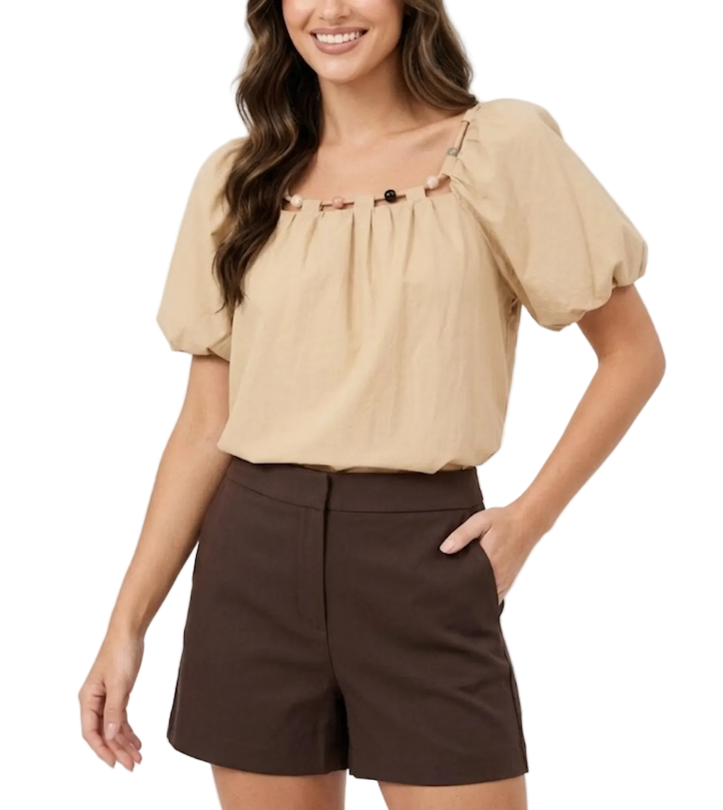 Trendy & Elegant Short Puff Sleeve Beaded Neck Design Blouses  -B6-TOP-B746