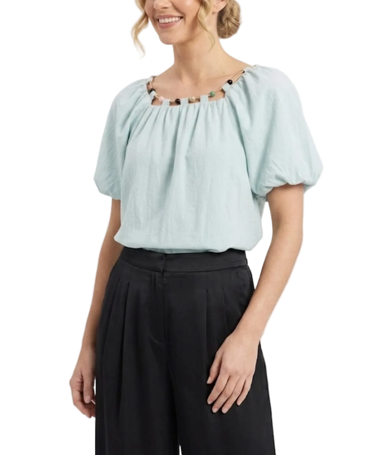 Trendy & Elegant Short Puff Sleeve Beaded Neck Design Blouses  -B6-TOP-B746