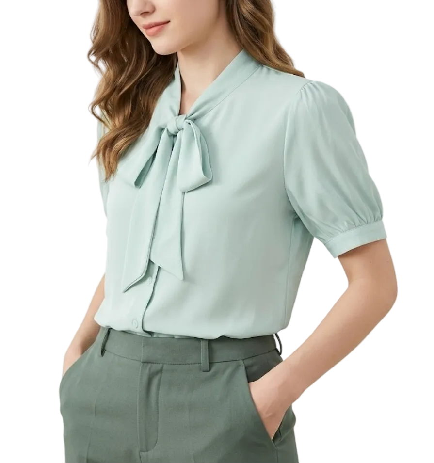Trendy & Elegant Short Puff Sleeve Bow Blouses for Women  - B13-TOP-397