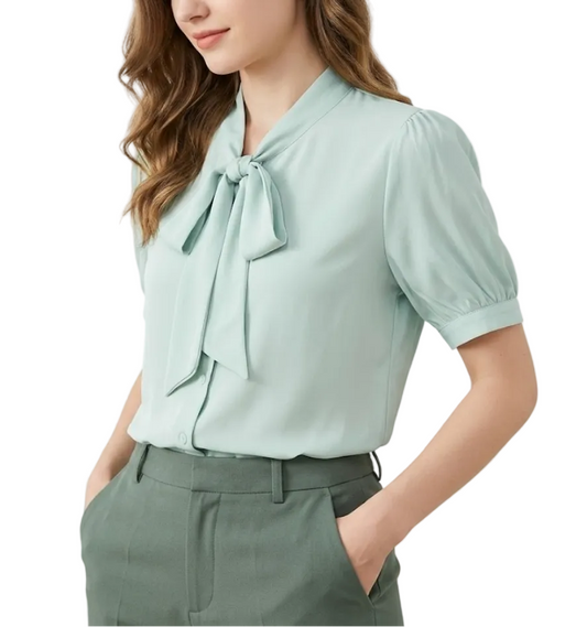 Trendy & Elegant Short Puff Sleeve Bow Blouses for Women  - B13-TOP-397