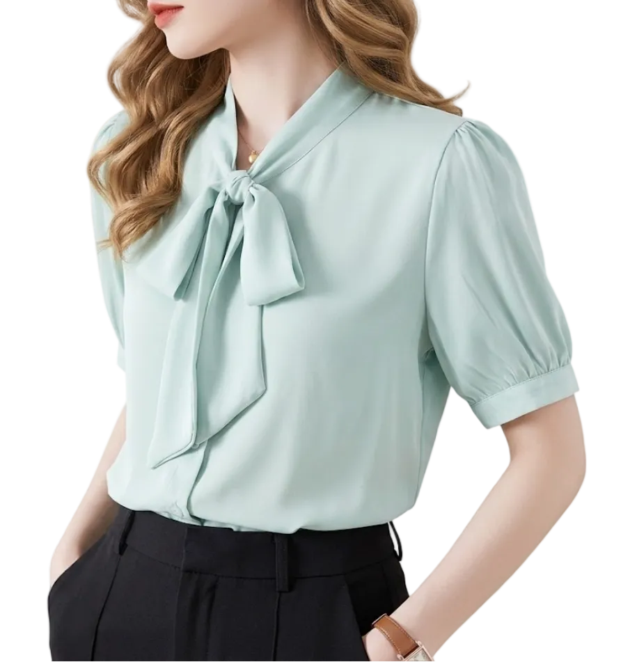 Trendy & Elegant Short Puff Sleeve Bow Blouses for Women  - B13-TOP-397