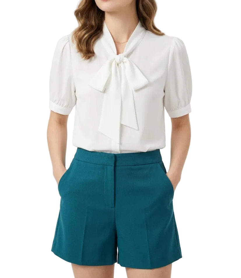 Trendy & Elegant Short Puff Sleeve Bow Blouses for Women  - B13-TOP-397