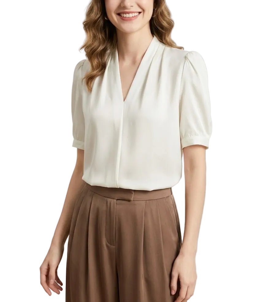 Trendy & Elegant Short Puff Sleeve V-neck Blouses for Women  - B13-TOP-400