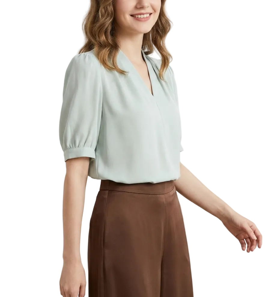 Trendy & Elegant Short Puff Sleeve V-neck Blouses for Women  - B13-TOP-400
