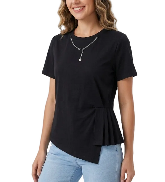 Trendy & Elegant Short Sleeve Pleated Slim Waist Summer Blouses for Women - B6-TOP-B758