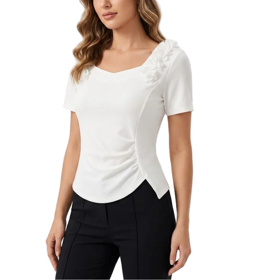 Trendy & Elegant Short Sleeve Pleated Slim Waist Summer Blouses for Women - B6-TOP-B765