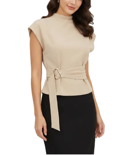 Trendy & Elegant Short Sleeve Slim Waist Front Belt Blouses for Women - B6-TOP-B783