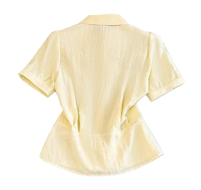 Trendy & Elegant Short Sleeve Waist Belt Blouses  -B6-TOP-B736