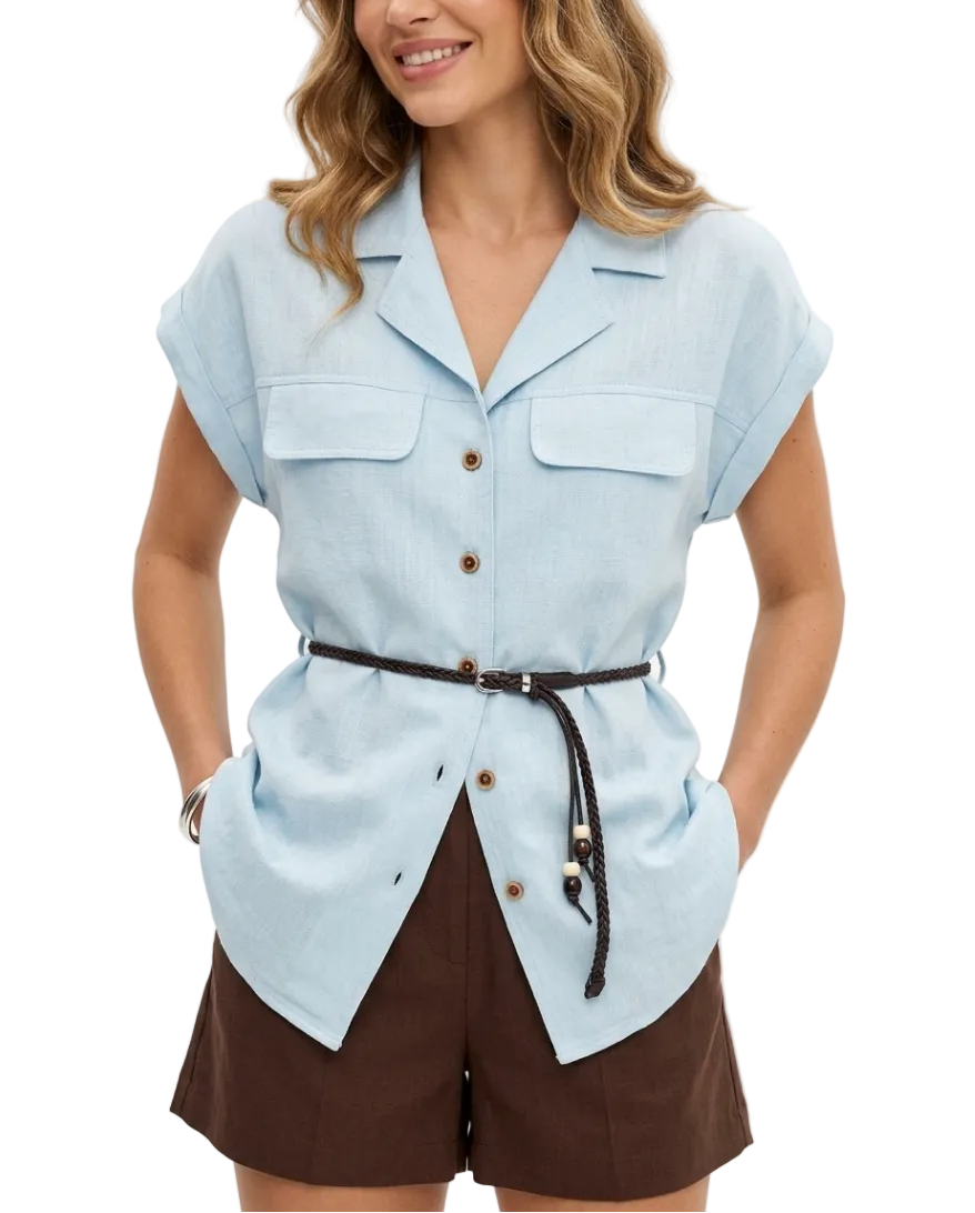 Trendy & Elegant Short Sleeve Waist Belt Blouses  -B6-TOP-B737
