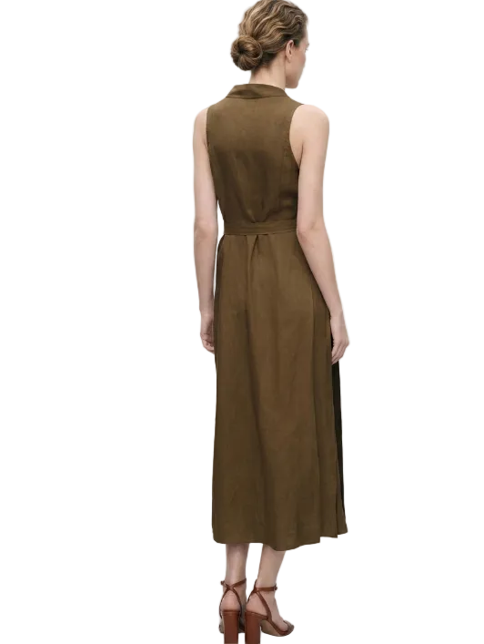 Trendy & Elegant Sleeveless Waist Belt  Button Front Linen Dresses - B6-DRESS-84