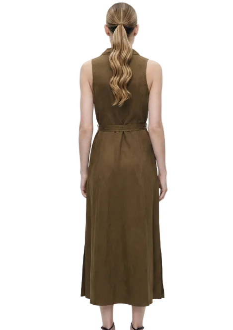 Trendy & Elegant Sleeveless Waist Belt  Button Front Linen Dresses - B6-DRESS-84