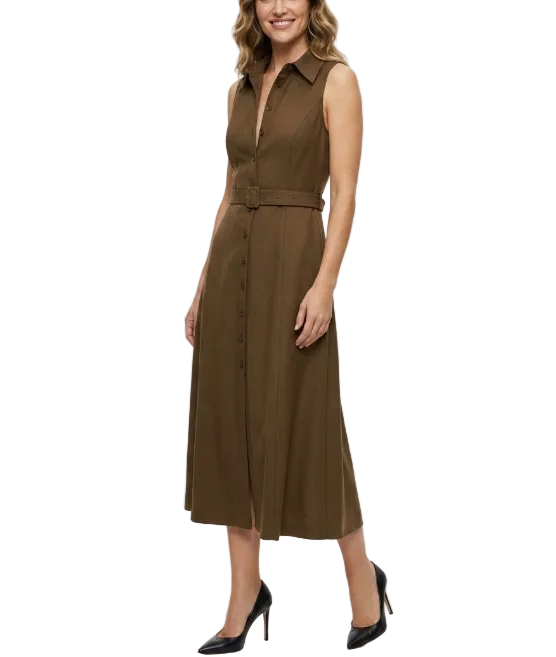 Trendy & Elegant Sleeveless Waist Belt  Button Front Linen Dresses - B6-DRESS-84