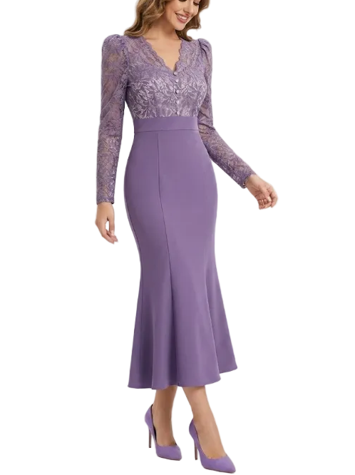 Trendy & Elegant Slim Waist Lace Long Sleeve Purple Dresses  - B4-DRESS-B343