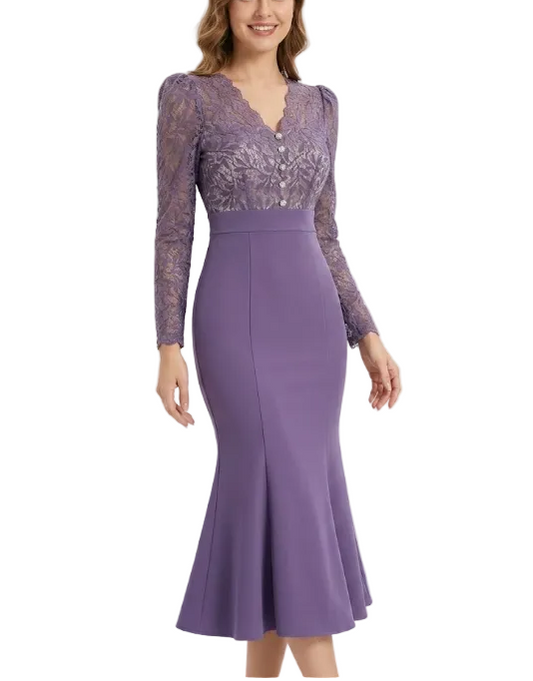 Trendy & Elegant Slim Waist Lace Long Sleeve Purple Dresses  - B4-DRESS-B343