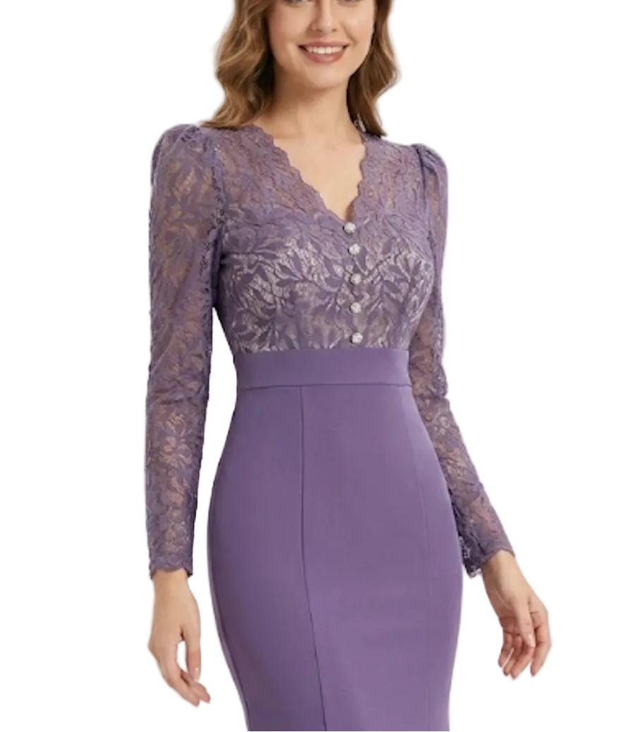 Trendy & Elegant Slim Waist Lace Long Sleeve Purple Dresses  - B4-DRESS-B343