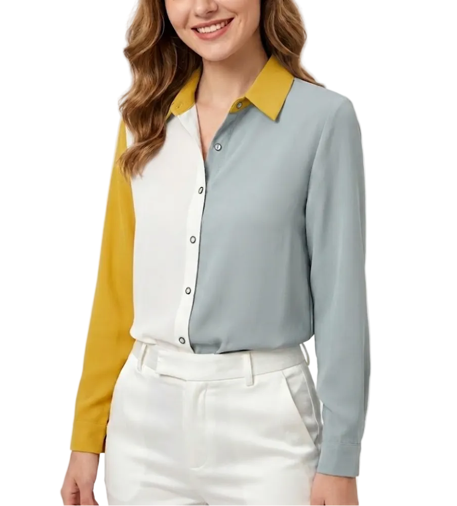 Trendy & Elegant Two-Tone Chiffon Long Sleeve V-neck Collar Shirt for Women – BL21
