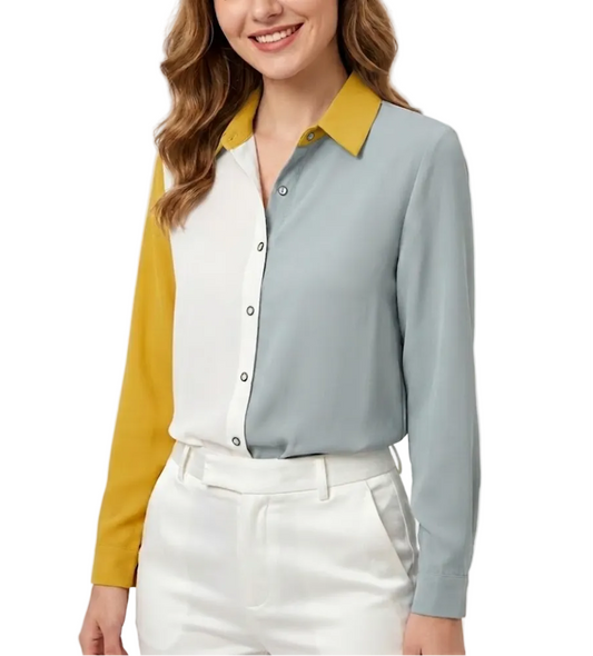 Trendy & Elegant Two-Tone Chiffon Long Sleeve V-neck Collar Shirt for Women – BL21