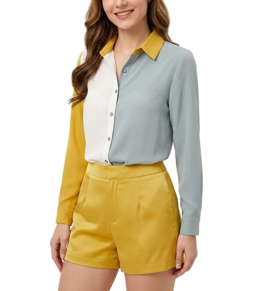 Trendy & Elegant Two-Tone Chiffon Long Sleeve V-neck Collar Shirt for Women – BL21