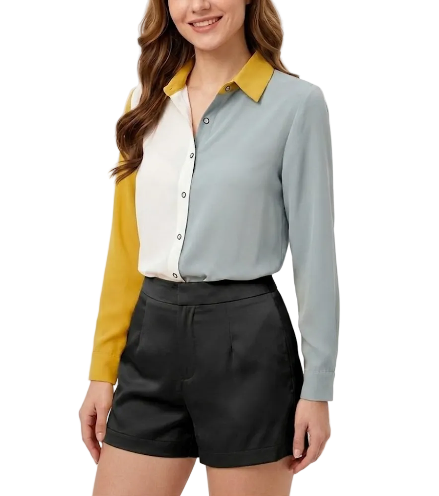 Trendy & Elegant Two-Tone Chiffon Long Sleeve V-neck Collar Shirt for Women – BL21