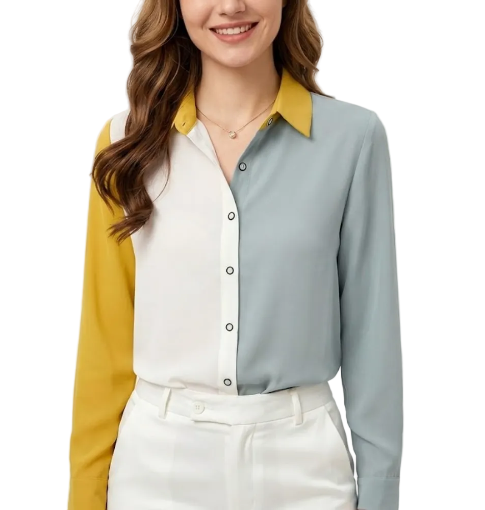 Trendy & Elegant Two-Tone Chiffon Long Sleeve V-neck Collar Shirt for Women – BL21
