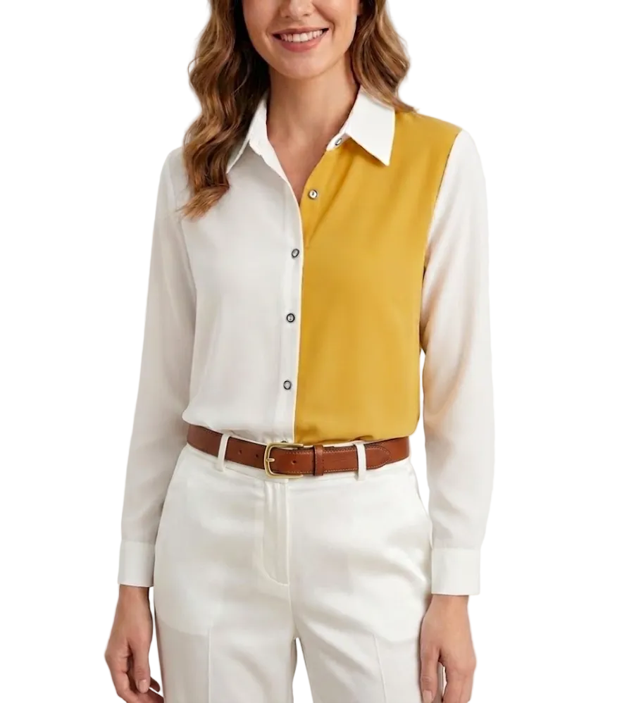 Trendy & Elegant Two-Tone Chiffon Long Sleeve V-neck Collar Shirt for Women – BL21