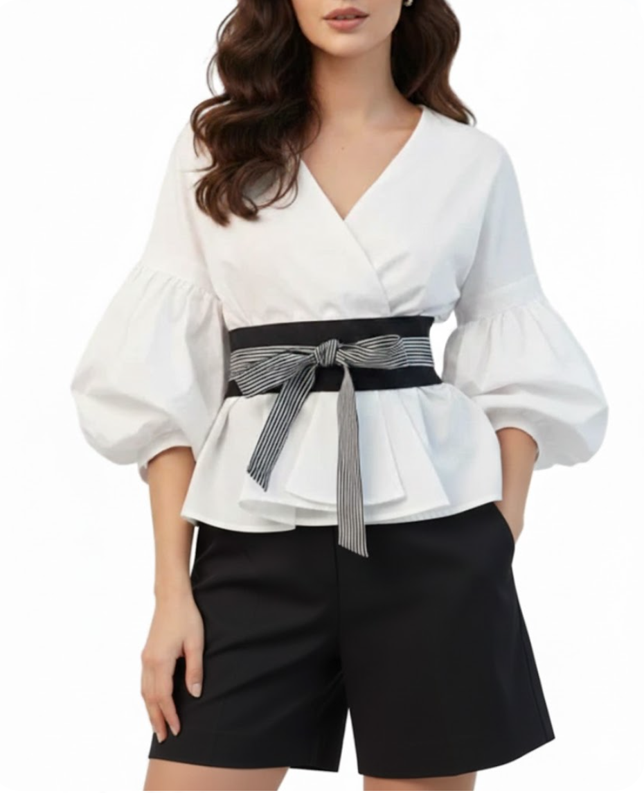 Trendy & Elegant Versatile V-Neck Lantern Sleeve Ruffle Belted Slim Waist Top  - SM8-TOP-52