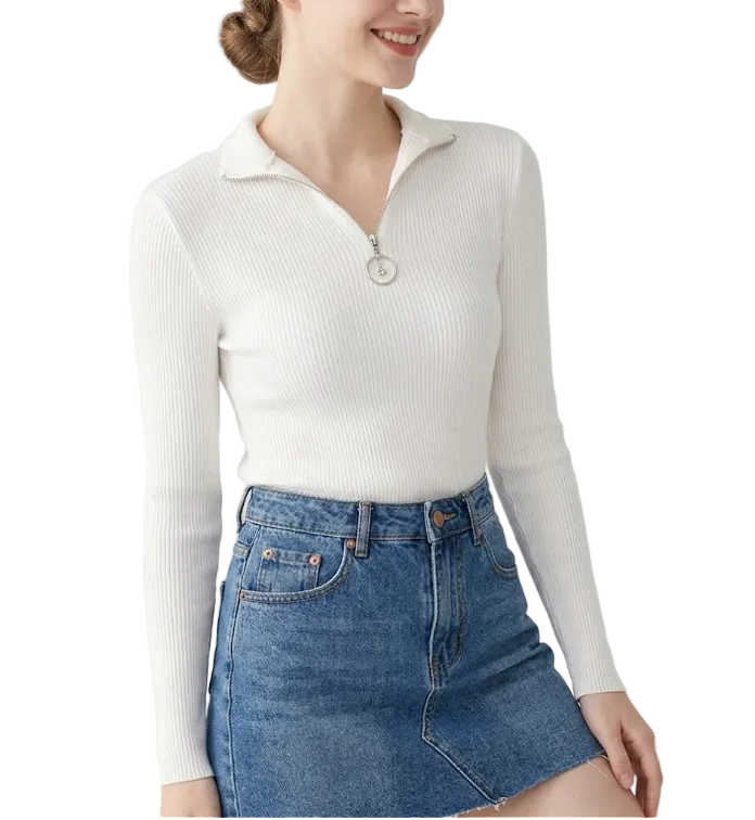 Trendy & Elegant Women's  Shirt Long Sleeve Lapel Collar Zip-Up B2-BL-1023