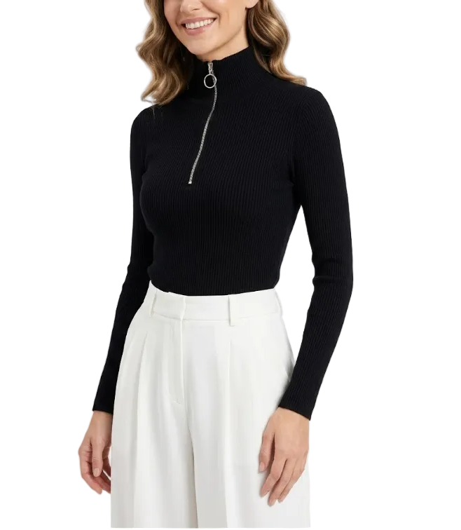 Trendy & Elegant Women's  Shirt Long Sleeve Lapel Collar Zip-Up B2-BL-1023