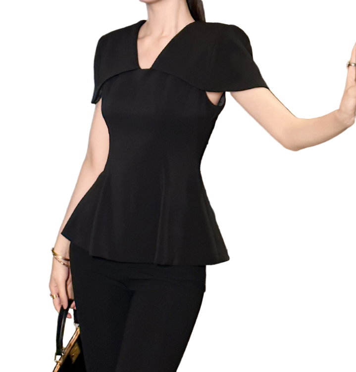 Trendy & Elegant Cape Short Sleeve Peplum Fit V-Neck Blouses - B4-TOP-B09