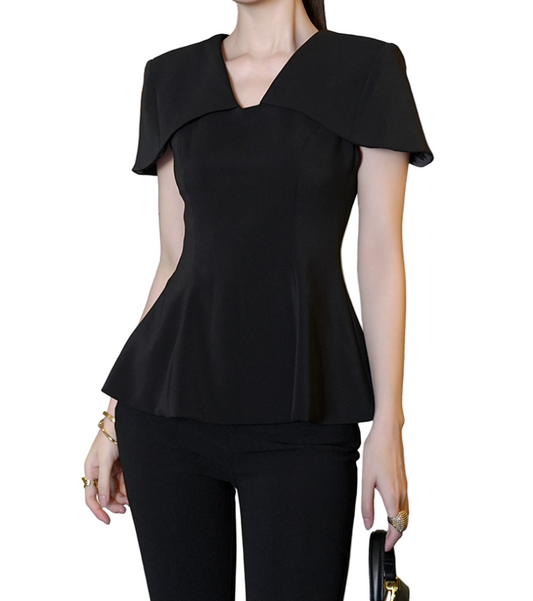 Trendy & Elegant Cape Short Sleeve Peplum Fit V-Neck Blouses - B4-TOP-B09