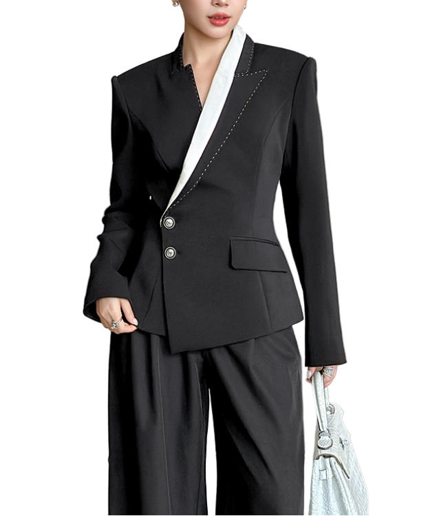 Trendy & Elegant Long Sleeve Lapel V-Neck Black & White Contrast Blazer Jacket - B4-BLZ-02