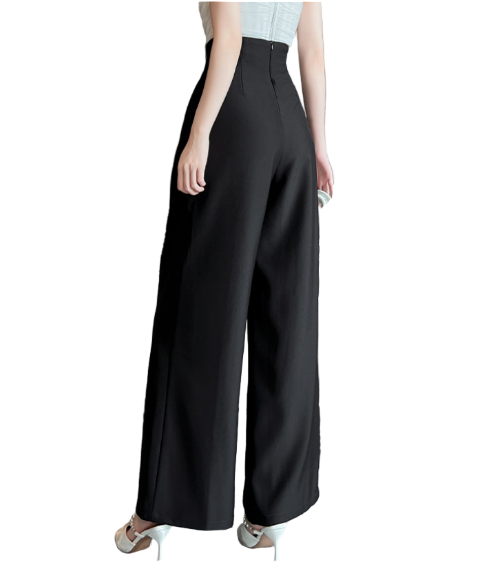 Trendy & Elegant Pleated High Waist Wide Leg Black Dress Pants for Women - B4-DP-06