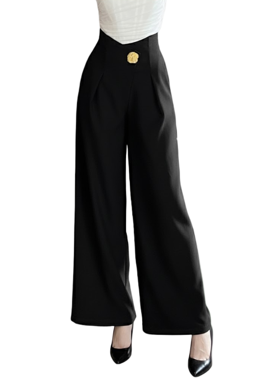Trendy & Elegant Pleated High Waist Wide Leg Black Dress Pants for Women - B4-DP-06