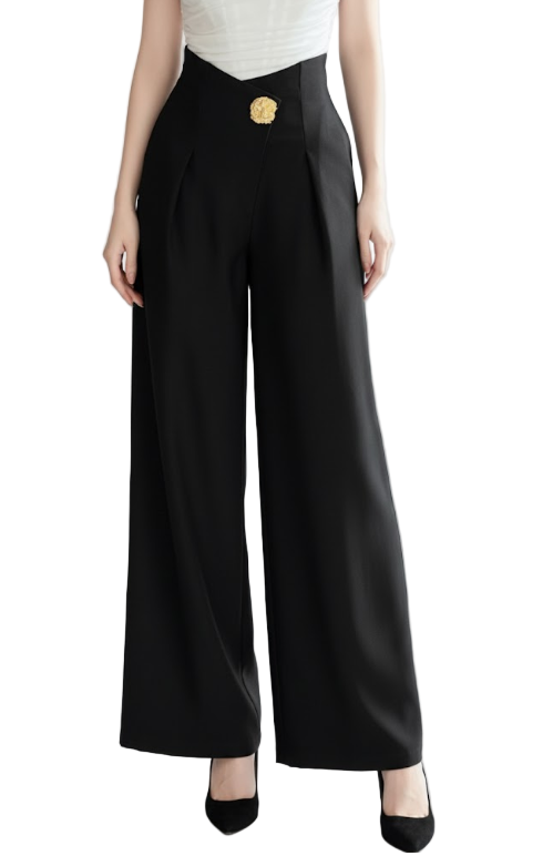 Trendy & Elegant Pleated High Waist Wide Leg Black Dress Pants for Women - B4-DP-06