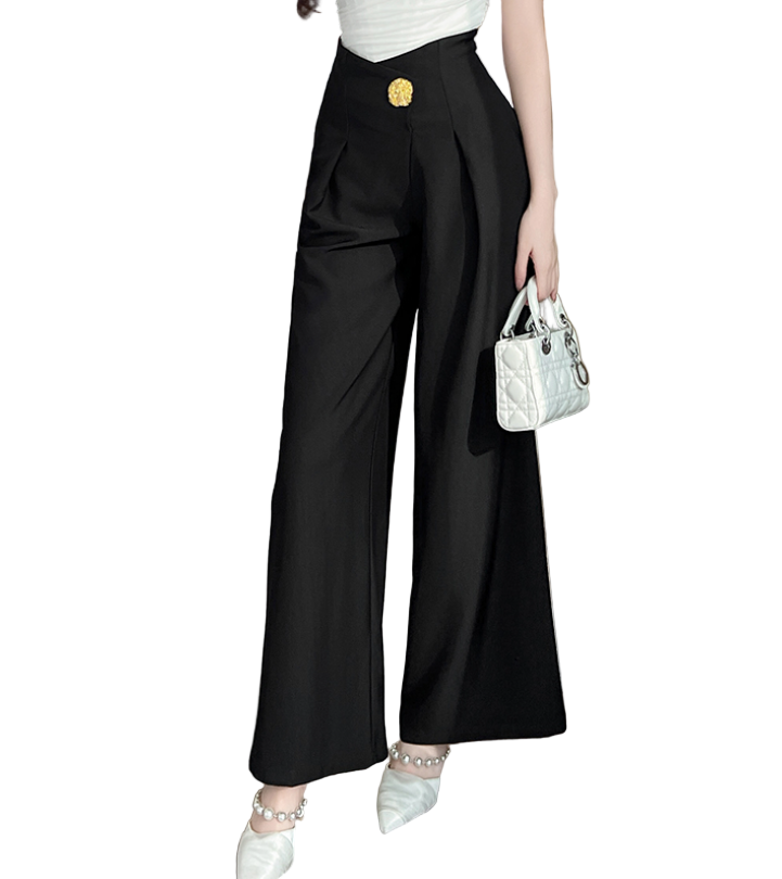 Trendy & Elegant Pleated High Waist Wide Leg Black Dress Pants for Women - B4-DP-06