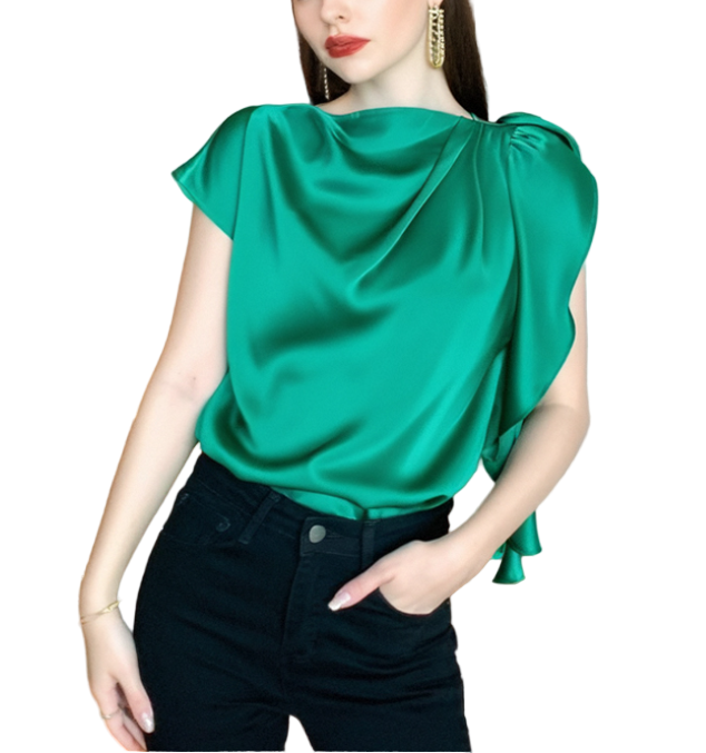 Trendy & Elegant Short Sleeve Satin-Silk Wrap-Neck Blouses - B4-TOP-B07