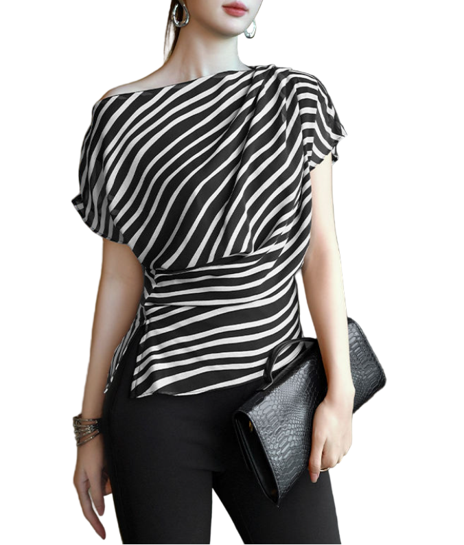 Trendy & Elegant Stripped Asymmetrical Chiffon Blouses - B4-TOP-B08