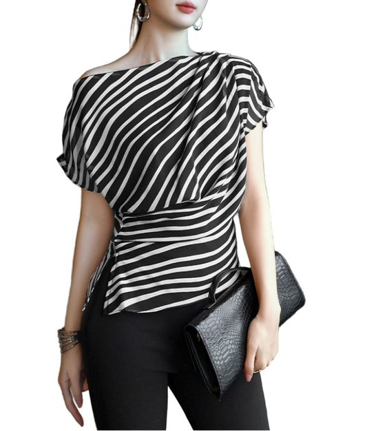 Trendy & Elegant Stripped Asymmetrical Chiffon Blouses - B4-TOP-B08