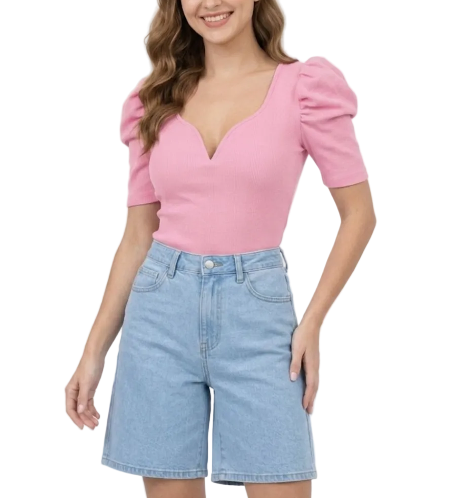 Trendy & Timeless Bubble Sleeve Solid Color V-neck Shirt for Women – BL12
