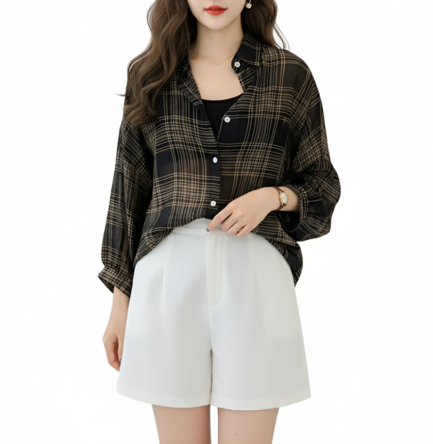Trendy & Timeless Chiffon Plaid Puff Sleeve Shirt -TOP-B1-BL-279