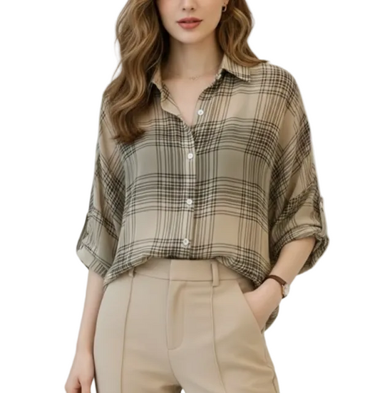 Trendy & Timeless Chiffon Plaid Puff Sleeve Shirt -TOP-B1-BL-279