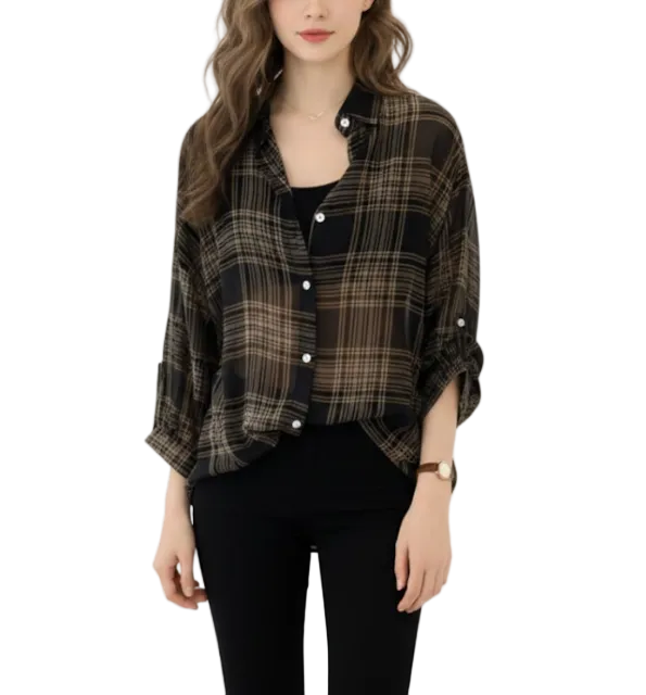 Trendy & Timeless Chiffon Plaid Puff Sleeve Shirt -TOP-B1-BL-279