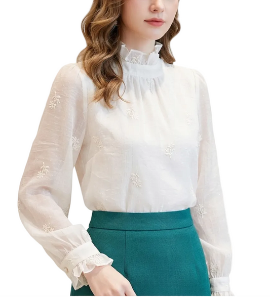 Trendy & Timeless Chiffon Stand Collar Long Sleeve Elegant  Pleated Pullover Blouse  - B13-TOP-04