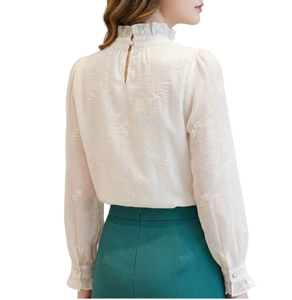 Trendy & Timeless Chiffon Stand Collar Long Sleeve Elegant  Pleated Pullover Blouse  - B13-TOP-04