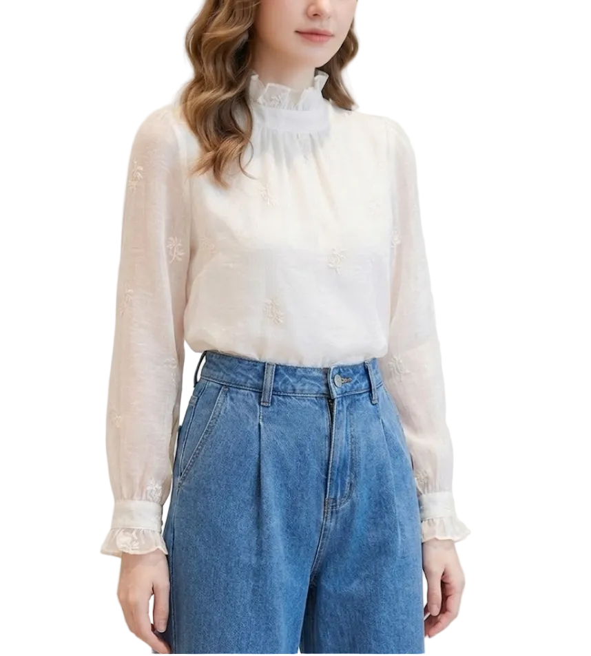 Trendy & Timeless Chiffon Stand Collar Long Sleeve Elegant  Pleated Pullover Blouse  - B13-TOP-04